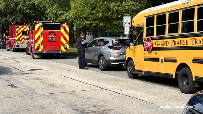 Minor sideswipe crash scene involving a Special Ed bus at Dunton Avenue and Euclid Avenue Arlington Heights