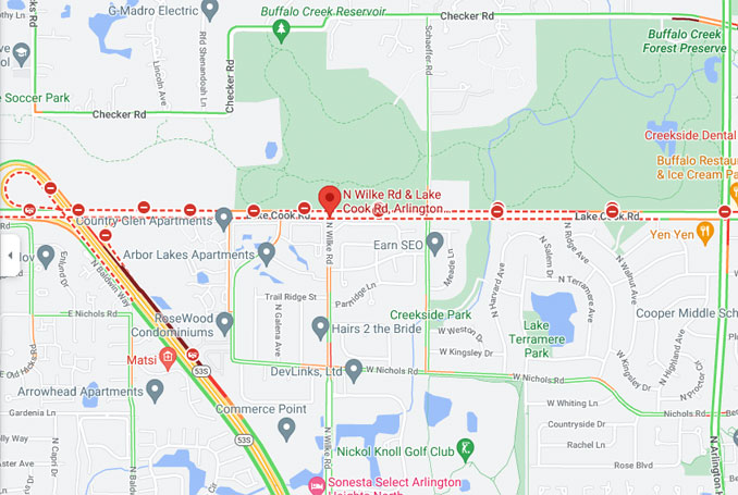 Lake Cook Road and Wilke Road traffic layer Crash Map (Map data ©2022 Google)