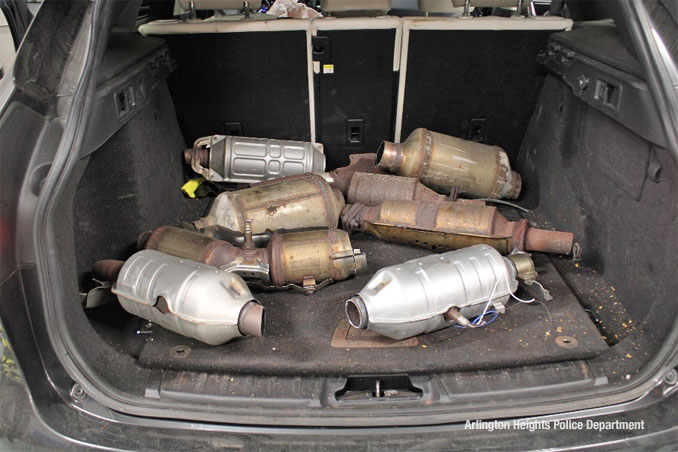 Nine catalytic converters recovered from a stolen SUV sedan (SOURCE: Arlington Heights Police Department)