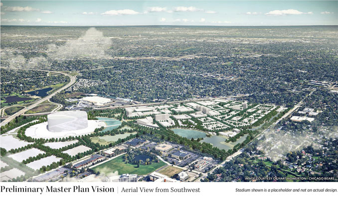 Preliminary Master Plan Version Aerial (SOURCE: Harthowerton/Chicago Bears)