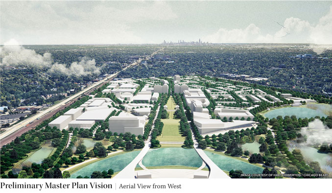Preliminary Master Plan Version looking southeast down the mall (SOURCE: Harthowerton/Chicago Bears)