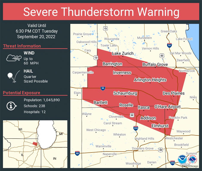 Severe Thunderstorm Warning Tuesday, September 20, 2022 (SOURCE: National Weather Service Chicago)