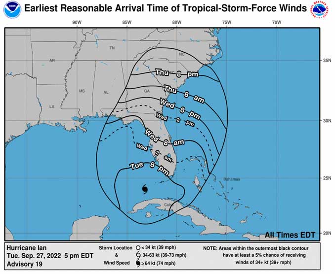 Earliest Reasonable Arrival Time of Tropical-Storm-Force Winds Tuesda, Sep. 27, 2022 5PM EDT (SOURCE: National Hurricane Center)