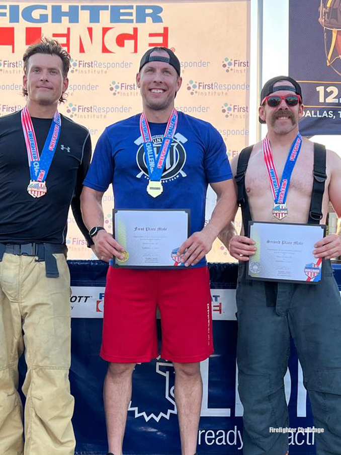 FIREFIGHTER CHALLENGE: Eric Rose, Huntley Fire Protection District, 1st Place time 1:28.47 (center); Richard Estes, Irving, TX Fire, 2nd Place time 1:29.97 (right); and Nate Skewes, Waukegan Fire, 3rd Place time 1:32.52 (left)