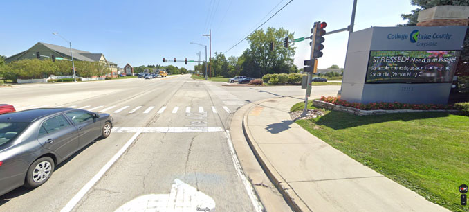 Washington Street and Lancer Drive intersection near scene of shooting from one vehicle to another on Washington Street near College of Lake County in Grayslake (Image capture August 2019 ©2022)