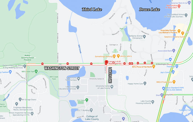 Washington Street and Lancer Lane, Grayslake (Map data ©2022)