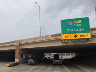 Welcome to Elk Grove Village sign on I-90 at southbound Arlington Heights Road in Arlington Heights (Image capture March 2022 ©2022)