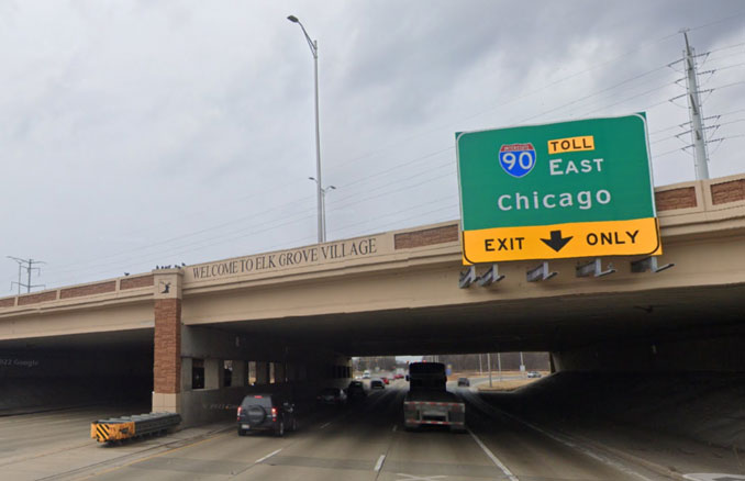 Welcome to Elk Grove Village sign on I-90 at southbound Arlington Heights Road in Arlington Heights (Image capture Mar 2022 ©2022)