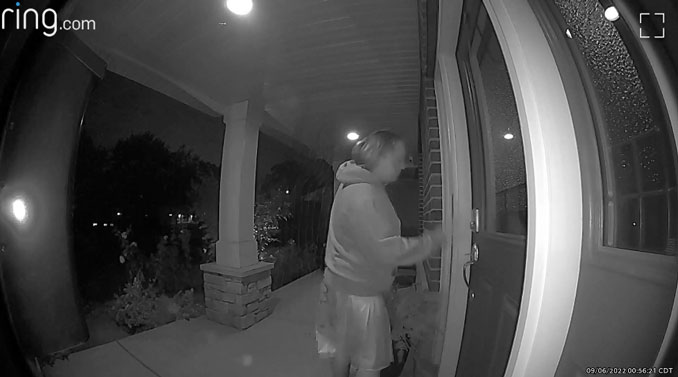 Unknown woman attempts to enter front door just before 1:00 a.m. Tuesday, September 6, 2022 (ring camera/neighbors app)