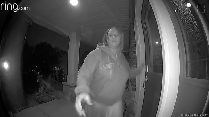 Woman just before she rings the RING doorbell just before 1:00 a.m. Tuesday, September 6, 2022