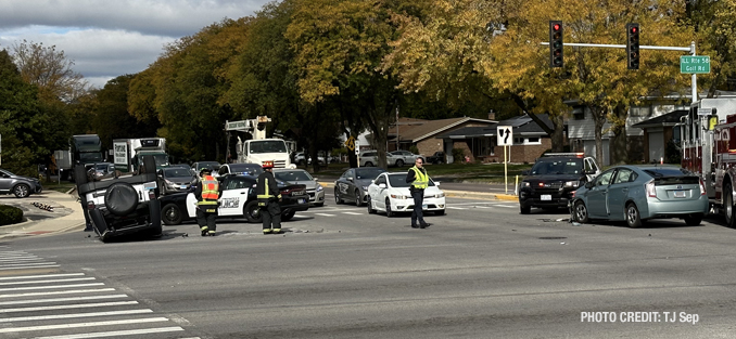 Crash scene at Elmhurst Road and Golf Road on Tuesday, October 18, 2022 (PHOTO CREDIT: TJ Sep)