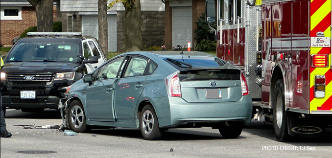 Silver Prius involved in a crash at Elmhurst Road and Golf Road on Tuesday, October 18, 2022 (PHOTO CREDIT: TJ Sep)