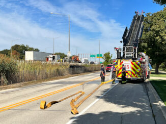 Rolling Meadows fire truck at scene of brush fire near northbound Route 53 south of Kirchoff Road.