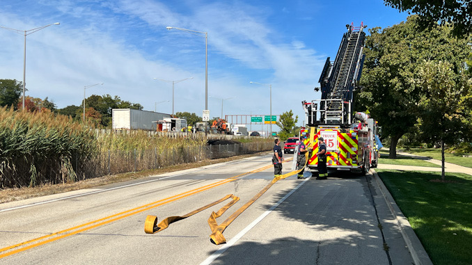 Rolling Meadows fire truck at scene of brush fire near northbound Route 53 south of Kirchoff Road.