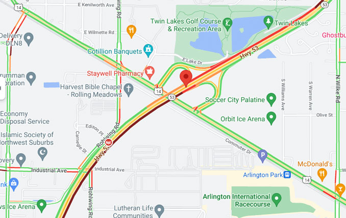 Crash map at Route 53 and Route 14 Friday about 7:30 a.m. October 07, 2022 (Map data ©2022 Google)