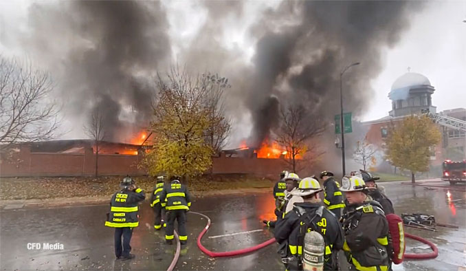 Extra Alarm fire at a residential parking garage at 711 South Ashland Avenue in Chicago on Tuesday afternoon, October 25, 2022 (PHOTO CREDIT: CFD Media)