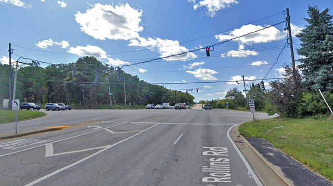 Rollins Road intersection with Route 45 near Gurnee, Third Lake and Lindenhurst in Warren Township, Lake County (Image capture August 2019 ©2022 Google)