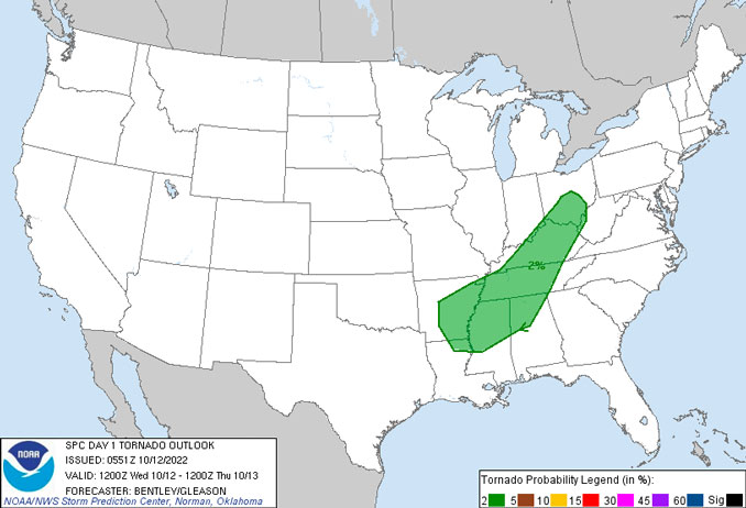 SPC Tornado Outlook October 12, 2022 valid Wednesday, October 12, 2022 from 7 AM to 7 PM (NOAA NWS Storm Prediction Center)