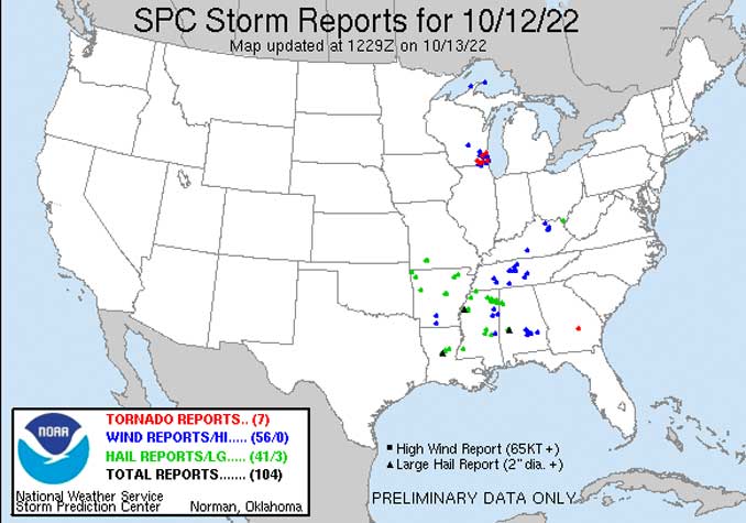 Storm Reports for Wednesday, October 12, 2022 (NOAA/NWS Storm Prediction Center)