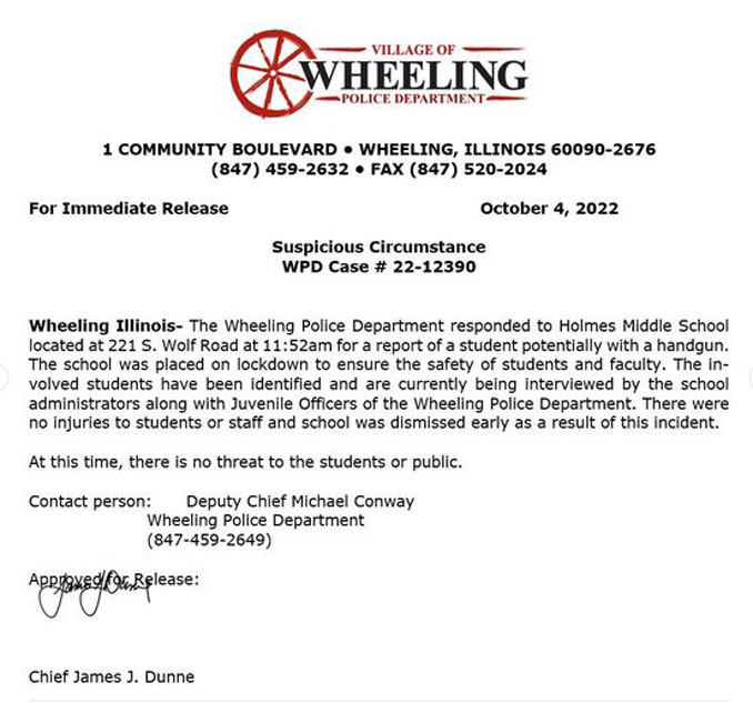 Wheeling Police Department Suspicious Circumstance Release (Wheeling Police Department Case #22-12390)