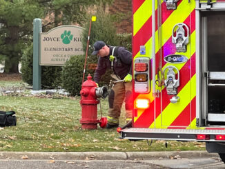A firefighter at a hydrant at the front of Kilmer School at 655 Golfview Terrace in Buffalo Grove