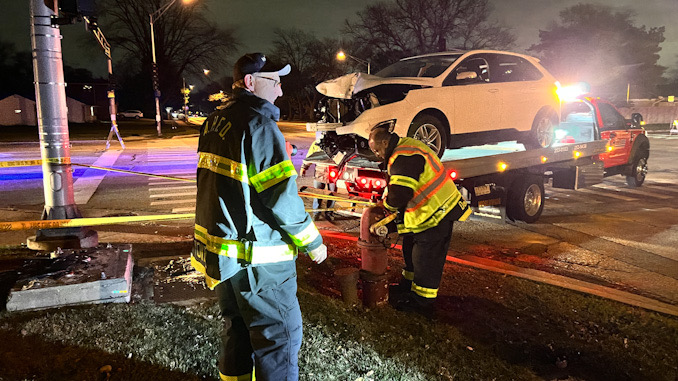 Crossover SUV crash into a traffic signal box at the northwest corner of Euclid Avenue and Wilke Road on Monday, November 14, 2022.