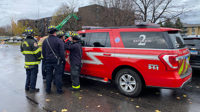 Roof torn off apartment building in high winds in elk Grove Village on Saturday, November 5, 2022.