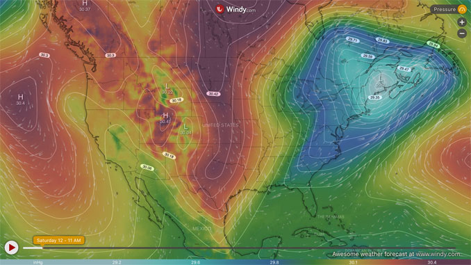 Air Pressure/Wind Direction for Saturday, November 12, 2022 11:00 a.m.  (SOURCE: Windy.com)