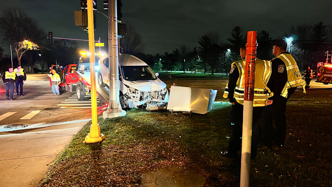 Crossover SUV crash into a traffic signal box at the northwest corner of Euclid Avenue and Wilke Road on Monday, November 14, 2022