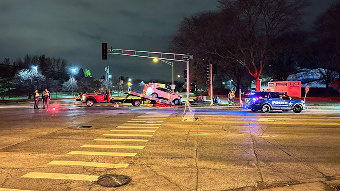 Crossover SUV crash into a traffic signal box at the northwest corner of Euclid Avenue and Wilke Road on Monday, November 14, 2022.