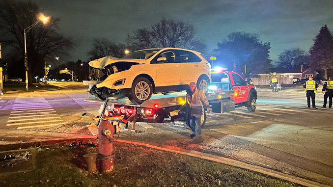 Crossover SUV crash into a traffic signal box at the northwest corner of Euclid Avenue and Wilke Road on Monday, November 14, 2022.