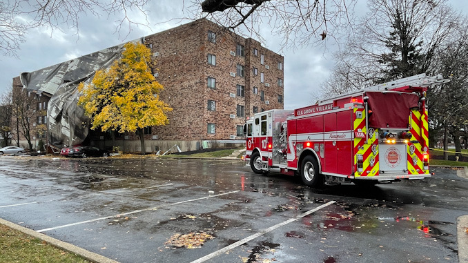 Roof turn off apartment building in high winds in Elk Grove Village Saturday, November, 2022.