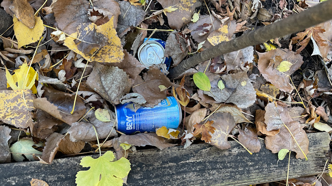 Sparking water beverage can at the campsite where a homeless man was found dead in Arlington Heights, Saturday, October 29, 2022