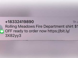 Scam text message offering Rolling Meadows Fire Department T-shirt for sale from an unknown offender or offenders.