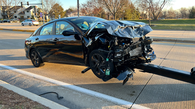 A wrecked Hyundai Elantra after a crash at Buffalo Grove Road and Deerfield Parkway in Buffalo Grove Sunday afternoon December 4, 2022
