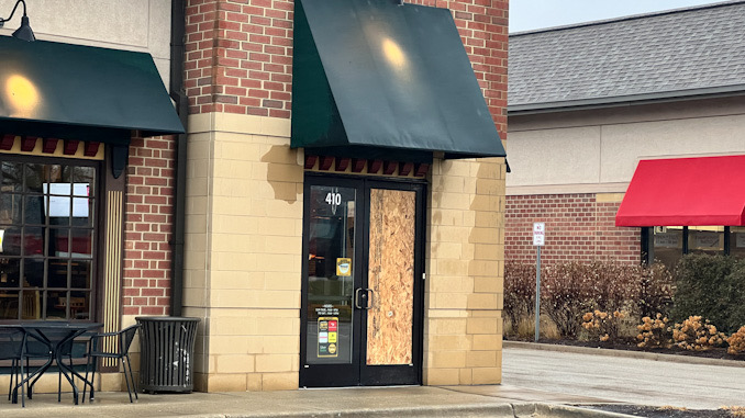 Broken glass door at Potbelly in commercial burglary overnight, early morning, Wednesday, December 14, 2022.