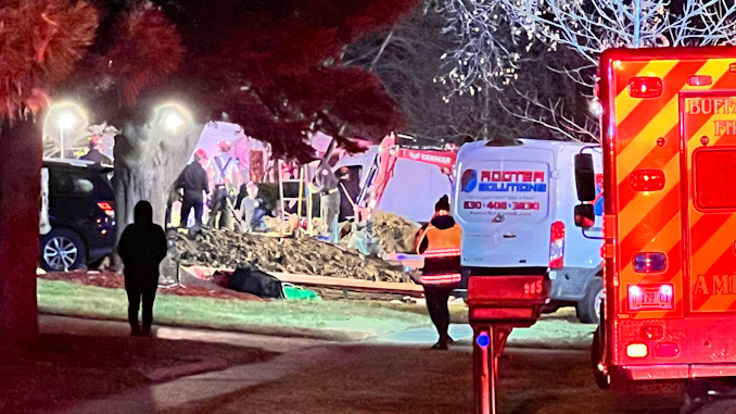 Technical Rescue teams at the scene of a below-grade collapse emergency on Aspen Drive in Buffalo Grove on Monday, December 12, 2022.