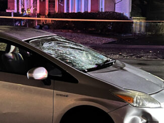 Damaged Toyota Prius after the vehicle was involved in a collision with a pedestrian that was walking a dog on Kirchoff Road west of Dove Street in Rolling Meadows, Friday, December 9, 2022