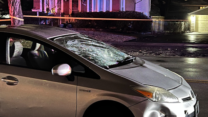 Damaged Toyota Prius after the vehicle was involved in a collision with a pedestrian that was walking a dog on Kirchoff Road west of Dove Street in Rolling Meadows, Friday, December 9, 2022