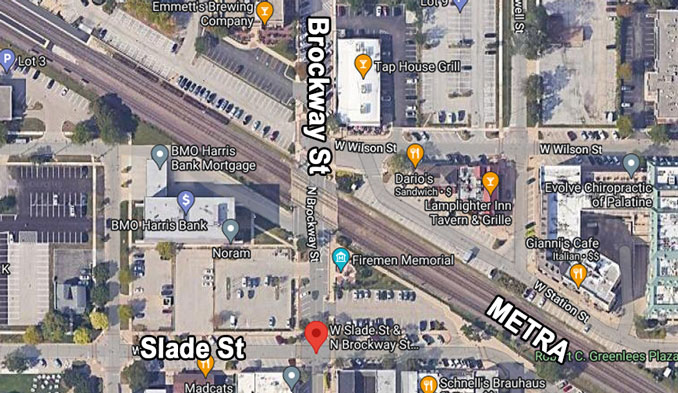 Metra near Brockway Street and Slade Street Palatine (Imagery ©2022 CNES / Airbus, Maxar Technologies, U.S. Geological Survey, USDA/FPAC/GEO, Map data ©2022)