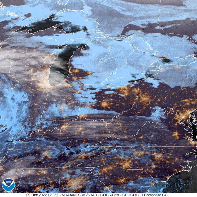 Cloud formation not impressive for much of a snow event on Friday, December 9, 2022 (NOAA/NESDIS/STAR - GOES-East - GEOCOLOR)