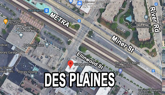 Des Plaines Village Bank and Trust on Ellinwood Street (Imagery ©2022 CNES / Airbus, Maxar Technologies, Sanborn, U.S. Geological Survey, USDA/FPAC/GEO, Map data ©2022).