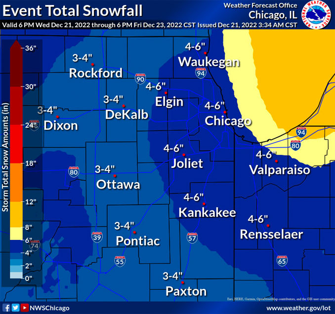 Event Snowfall Issued Wednesday, December 21, 2022 at 3:34 AM CST, valid 6 PM Wednesday, December 21, 2022 through 6 PM Friday, December 23, 2022 CST (SOURCE: NWS Chicago)