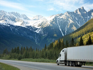 Freight truck moving west toward mountains