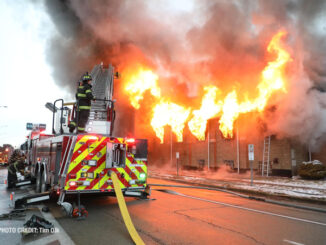 Fire out the windows at the former Rock of Ages Baptist Church building in Maywood at 1642 South 15th Avenue in Maywood on Monday, December 26, 2022 (PHOTO CREDIT: Tim Olk/Photo Unit)