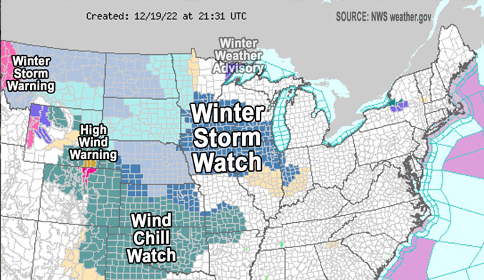 NWS map including Winter Storm Watch issued Monday December 19, 2022 for upcoming Thursday and Friday (SOURCE: National Weather Service)