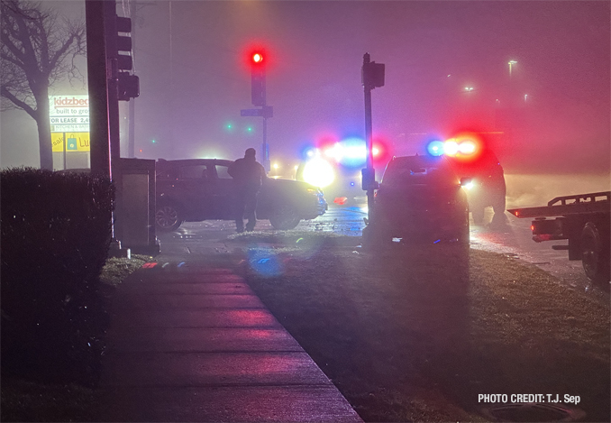 Crash scene at the intersection of Rand Road and Dryden Avenue on Tuesday, January 3, 2023 about 9:25 p.m. (PHOTO CREDIT: T.J. Sep)