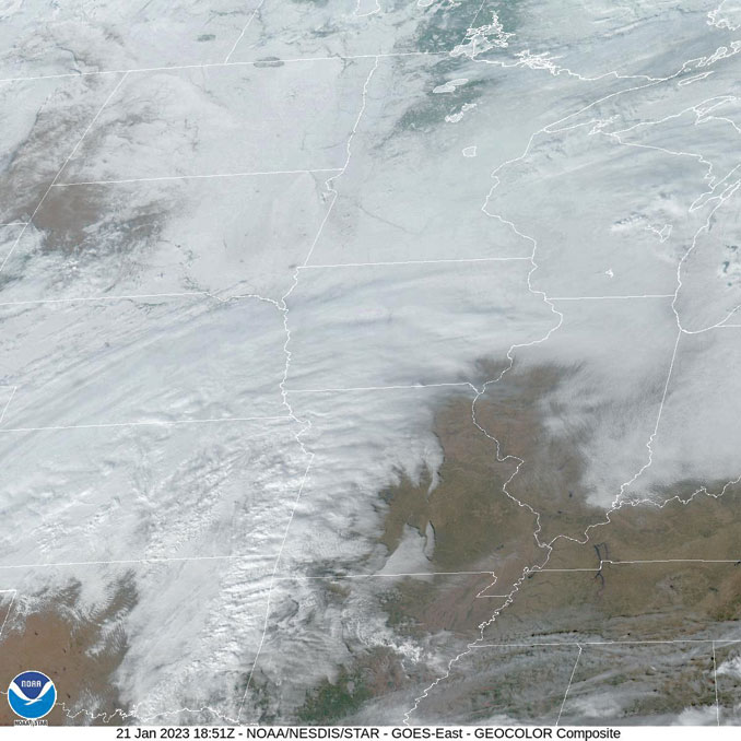 GOES16 GEOCOLOR over midwest on Saturday, January 21, 2023 at 12:51 p.m. (NWS/NOAA).