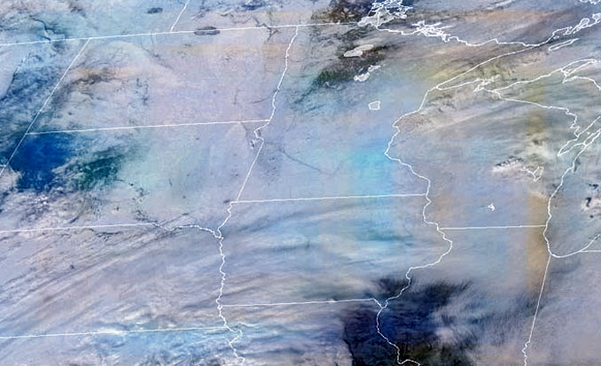 GOES16 GEOCOLOR over midwest on January 21, 2023 at 12:51 p.m. , colorized for state border emphasis and cloud height emphasis (NWS/NOAA)