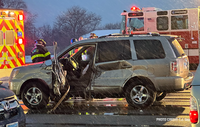 SUV with driver's side damage after a crash with a fire engine responding to an emergency call on Wednesday, January 25, 2023 (PHOTO CREDIT: T.J. Sep)